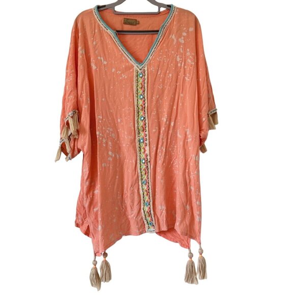 Skemo Hand Made Coral Swim Cover-Up Small Tassel Details & Embroidered Trim - Picture 1 of 16
